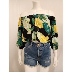 Free people black yellow green tropical leaf off shoulder blouse XS